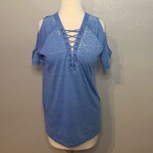 NWT Exist Cold Shoulder Top Cord Lace Front Vista Blue Large